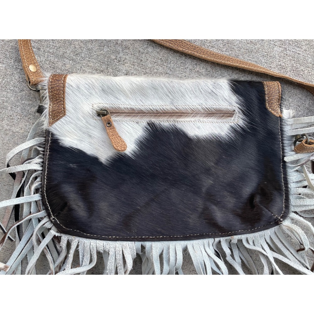 Myra Bag Cowhide Fringe Crossbody Bag Black White Brown Leather Western Boho - Picture 5 of 9